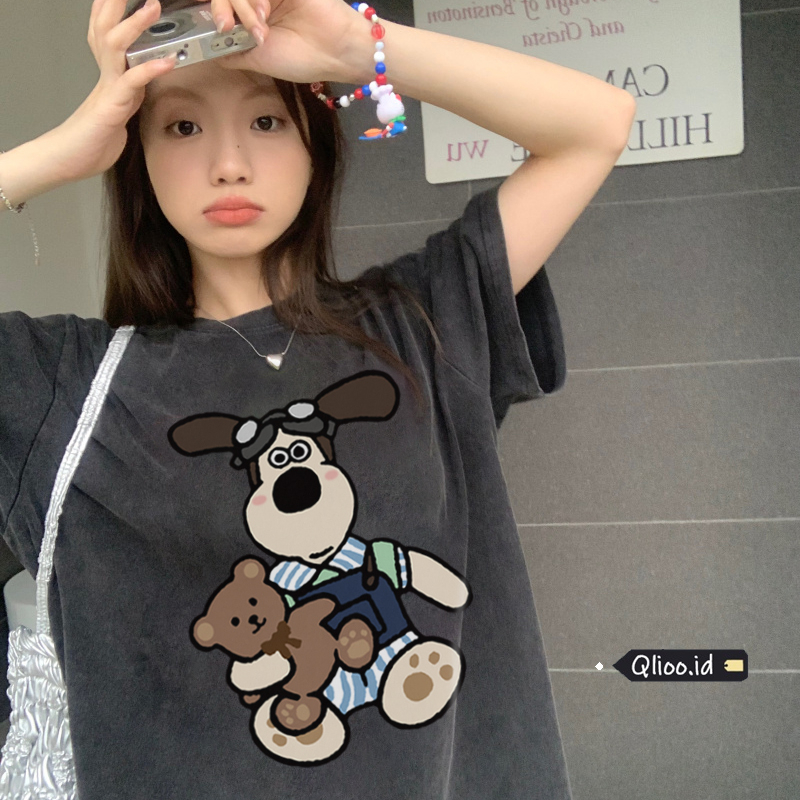 Print Washed T-shirt Kaos Lengan Pendek Oversize Cartoon Harpy Dog Korean Style Atasan Wanita