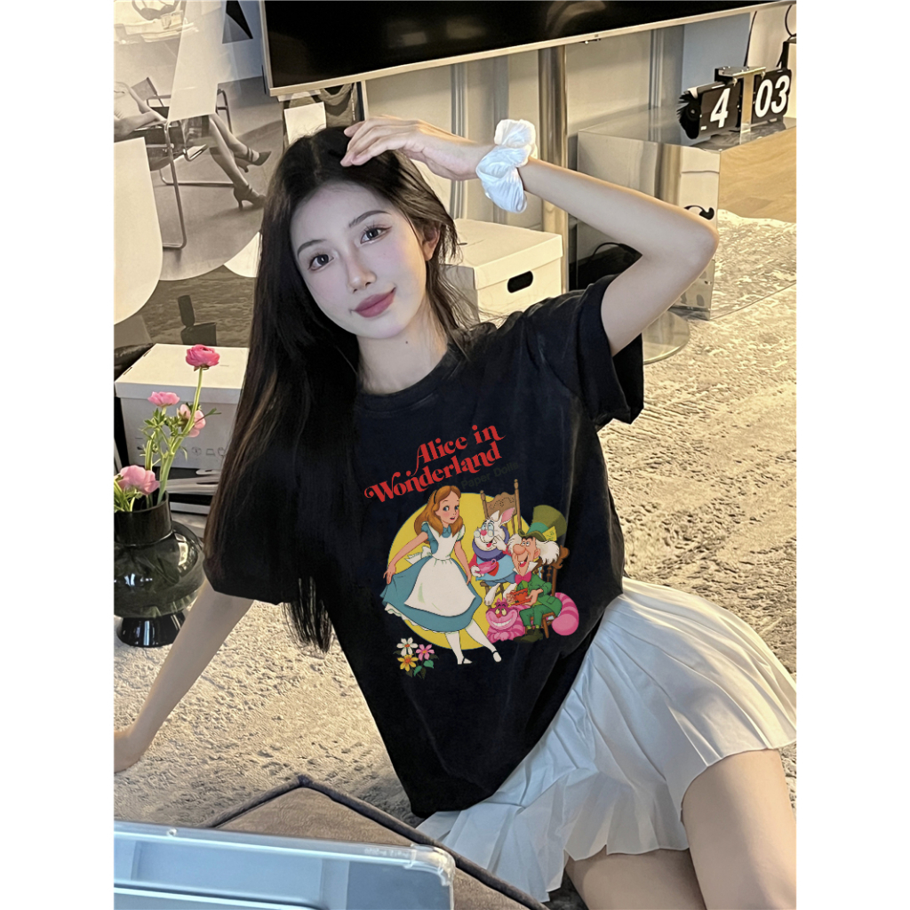 EUNII T-shirt Lengan Pendek Black Washed Cartoon Alice Printing Korean Style/Kaos Atasan Wanita/Baju Wanita