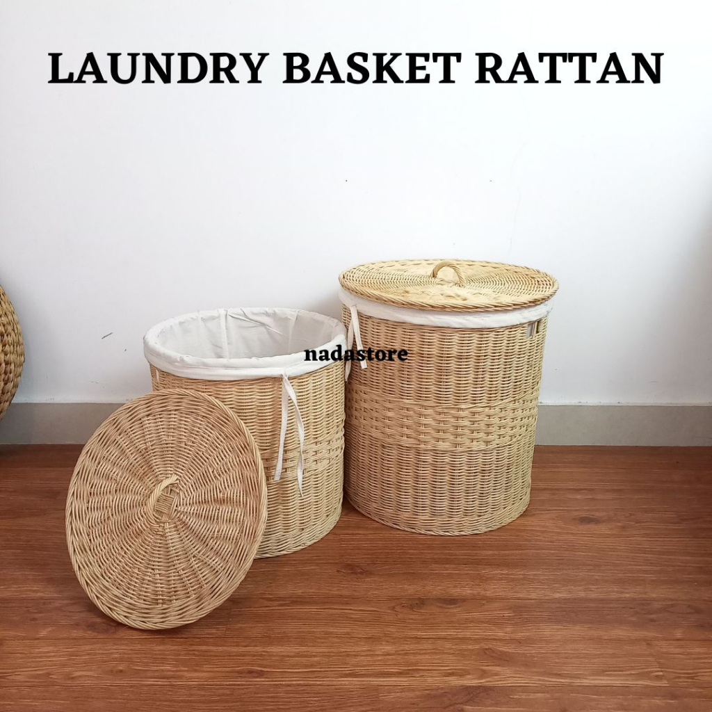 Keranjang Laundry / Keranjang Baju Kotor Dengan Tutup Dan Kain Serbaguna Anyaman Asli Bambu / Rotan