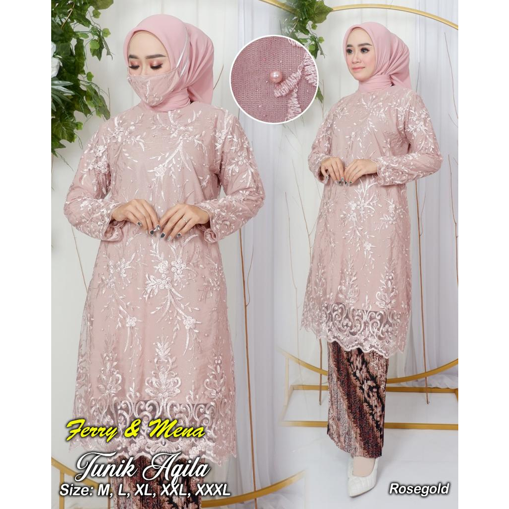 ADE&gt; SET KEBAYA TUNIK AQILA - TUNIK KEBAYA JUMBO MODERN - BAJU KEBAYA TULLE - OUTFIT KEBAYA PESTA CANTIK - KEBAYA BIG SIZE