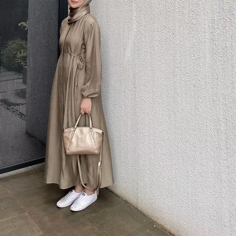 Gamis Midi Dress Polos Polo Linen Tali Pinggang Hazzel