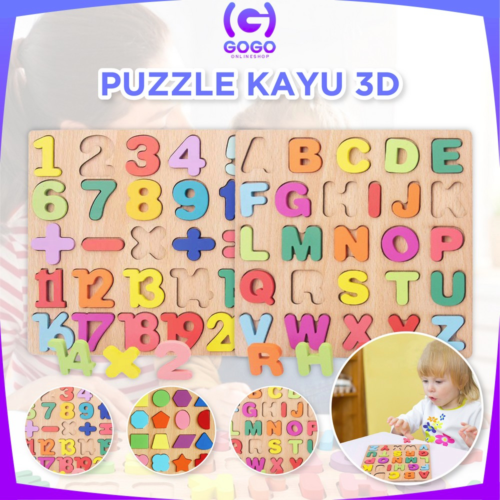 GOGO-M313 Mainan Edukasi Anak Puzzle Kayu 3D Huruf Angka dan Bangun Datar / Puzzle Alphabet Mainan Kayu Anak / Wooden Toys ABC Kids