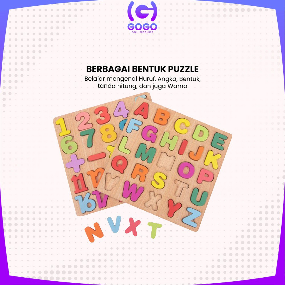 GOGO-M313 Mainan Edukasi Anak Puzzle Kayu 3D Huruf Angka dan Bangun Datar / Puzzle Alphabet Mainan Kayu Anak / Wooden Toys ABC Kids