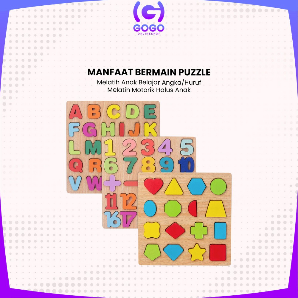 GOGO-M313 Mainan Edukasi Anak Puzzle Kayu 3D Huruf Angka dan Bangun Datar / Puzzle Alphabet Mainan Kayu Anak / Wooden Toys ABC Kids