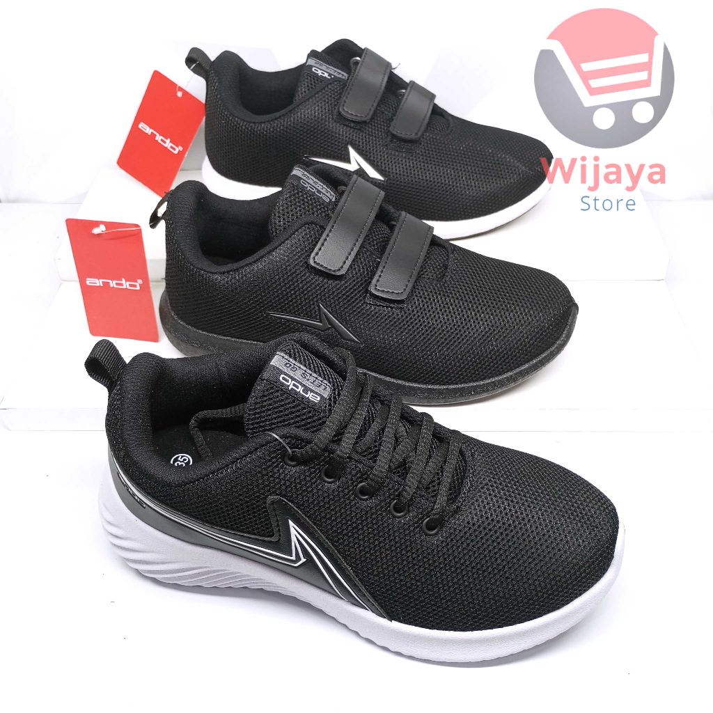 Sepatu Sekolah Ando 35-38 Sneaker Anak Hitam Polos Putih Strap Velcro yang Praktis MORGAN LIAM BOAZ SIP