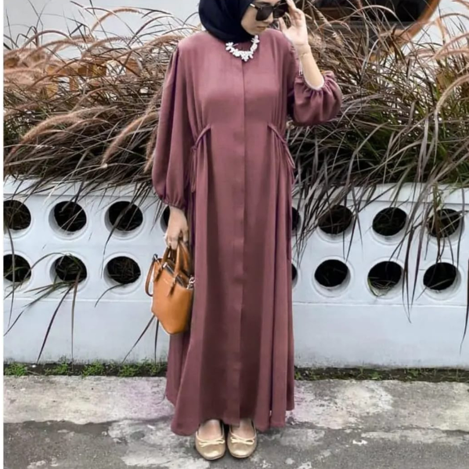 ICH - Gamis Midi Dress Trisha Polo Linen Tali Samping Korean Casual Style