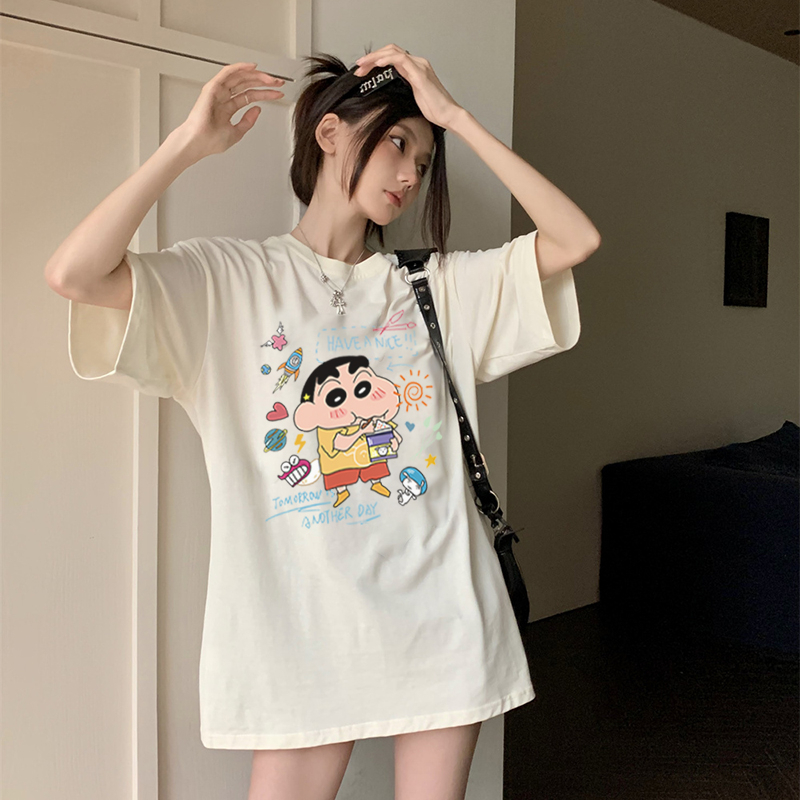 EUNII T-shirt Lengan Pendek Cartoon Crayon Shinchan Printing Korean Style/Kaos Atasan Wanita/Baju Wanita/Kaos Wanita