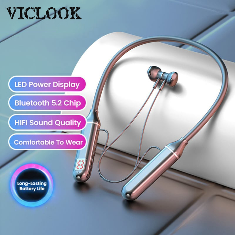 VICLOOK COD Nirkabel Bluetooth TWS Neckband Headset Tampilan Digital LED Headphone Olahraga Adsorpsi Magnetik Siaga Super Panjang