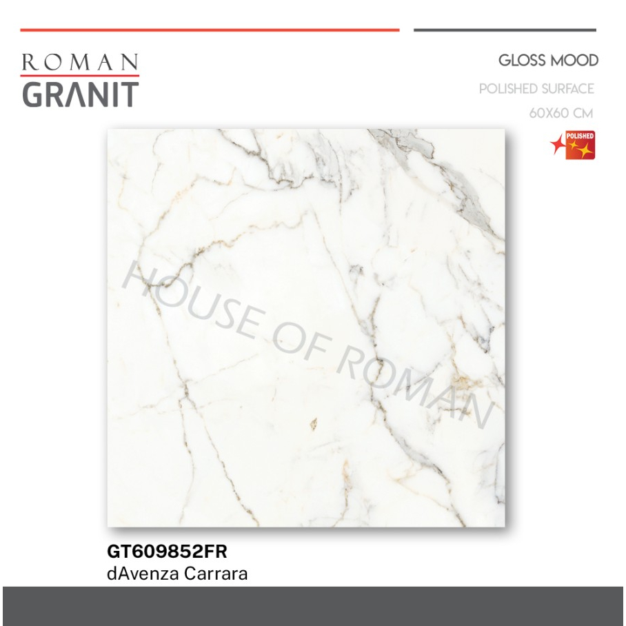 Roman Granit dAvenza Carrara 60x60 GT609852FR / Granit Putih Marmer Kilap Glossy / Granit Lantai Putih / Granit Lantai Glossy / Lantai Marmer Putih Kilap / Granit Motif Marmer / Granit Motif Marble / Granit Putih Carara / Granit Roman Promo Murah
