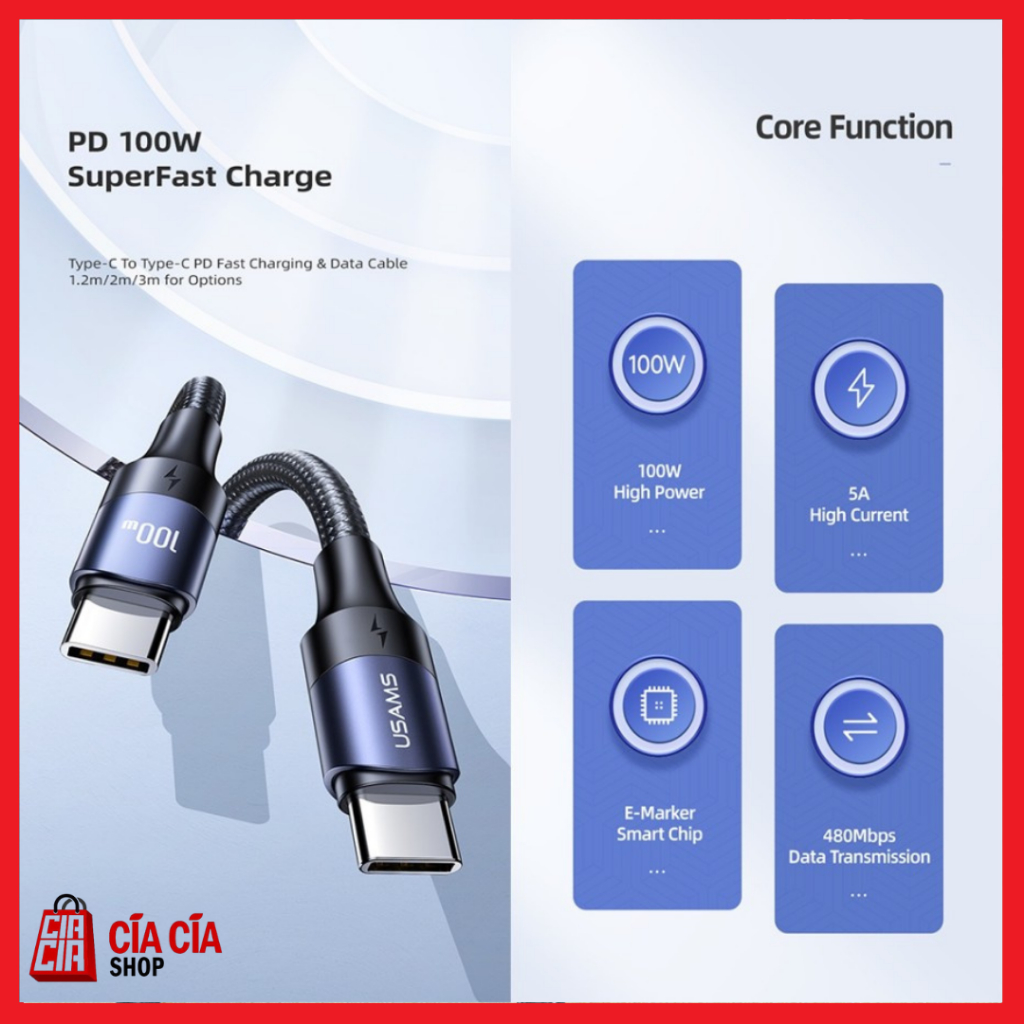 USAMS U31 Kabel Data Charger Type C to Type C 5A 100W PD Fast Charging Kabel Charger Laptop Tablet Type C