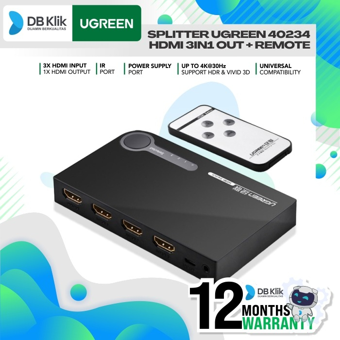 Splitter UGreen 40234 HDMI 3in1 Out + Remote - Switch 3in1 40234