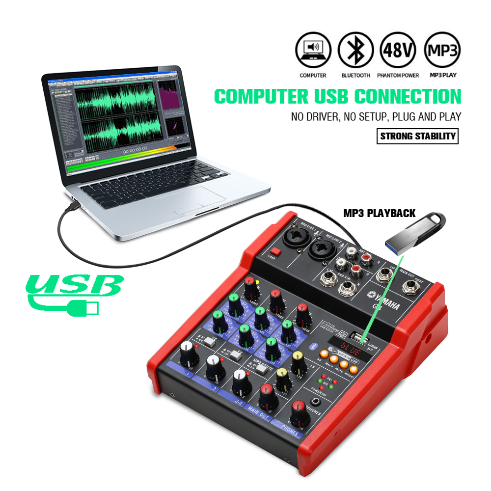 Mixer Audio Profesional  G4B mixer kecil 4 saluran Mendukung pemutaran Bluetooth/UBB/PC/MP3 Dukungan untuk penggunaan di dalam kendaraan Peralatan bernyanyi KTV pertunjukan luar ruangan