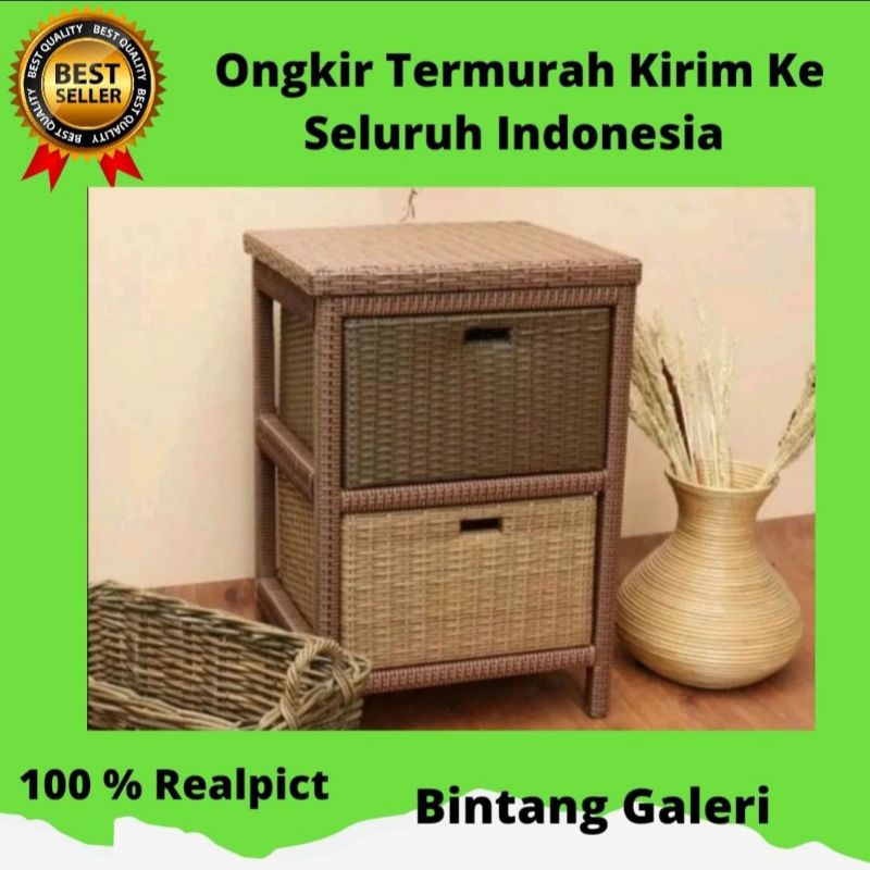 Meja TV Minimalis Lemari Rotan Sintetis 2 Laci Rak Susun Serbaguna Murah