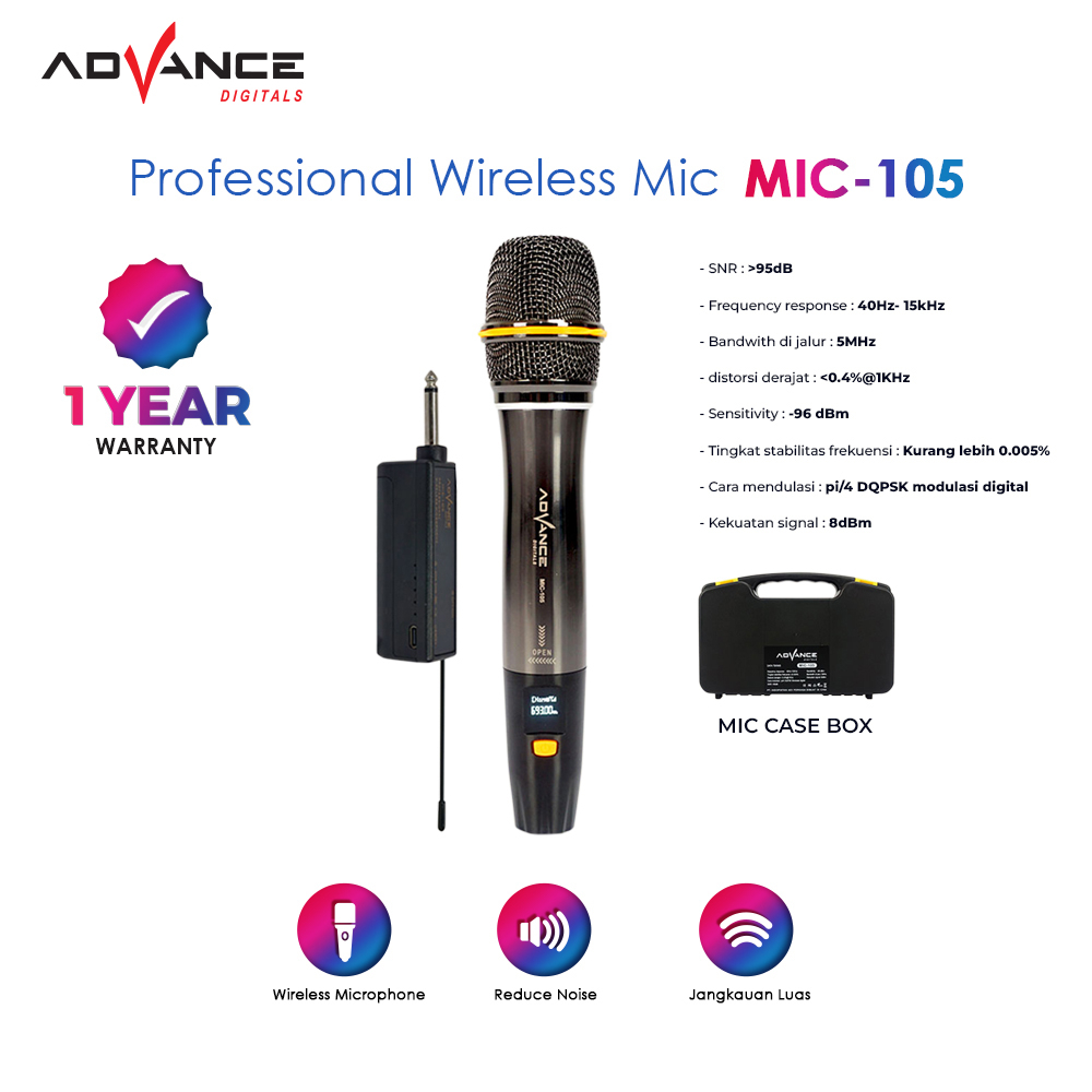 ADVANCE Mikrofon Nirkabel / Wireless Microphone Rechargeable MIC-105 Dengan Kotak Penyimpanan.