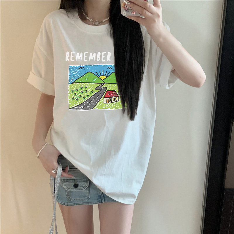 Print T-shirt Kaos Lengan Pendek Rural Landscape Oil Painting Oversize Atasan Wanita Korean Style