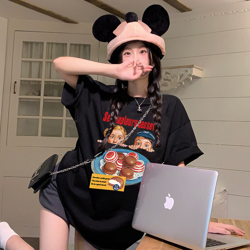 Print T-shirt Kaos Lengan Pendek Cartoon Boy Girl Dessert Oversize Atasan Wanita Korean Style