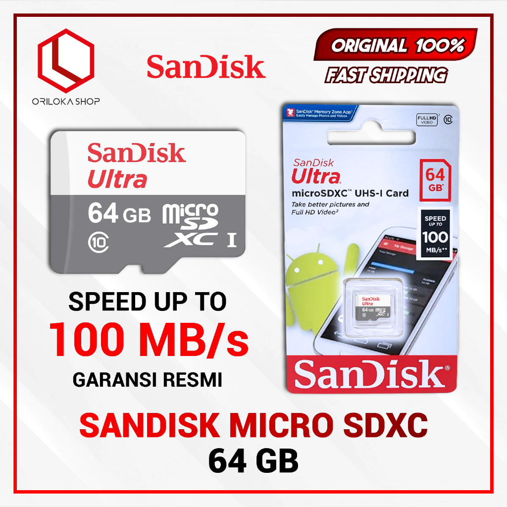 Micro SD SanDisk 64GB Ultra Class 10 100mb/s Memory Card Class - Garansi Resmi