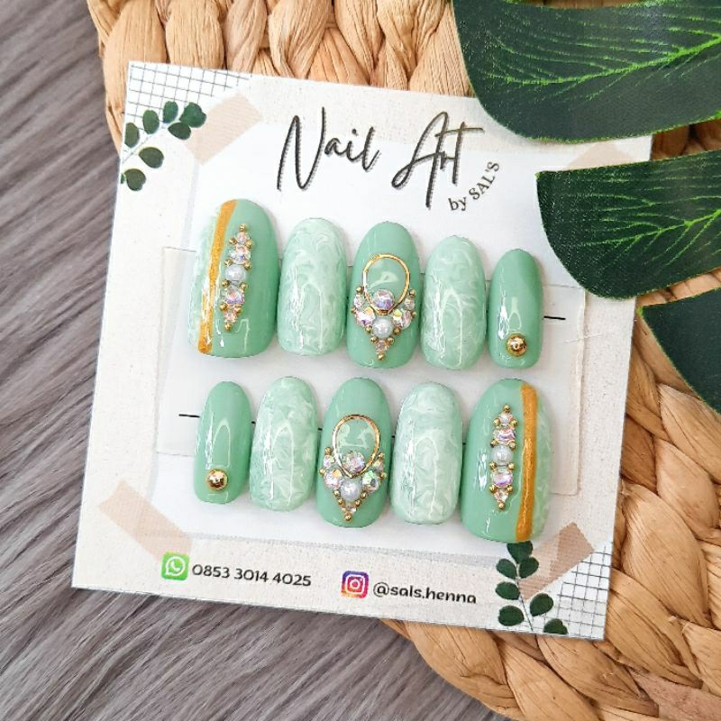 (SAGE MINT) Kuku Palsu Wedding Handmade (FREE box+lem) / Nail Art Wedding Handmade