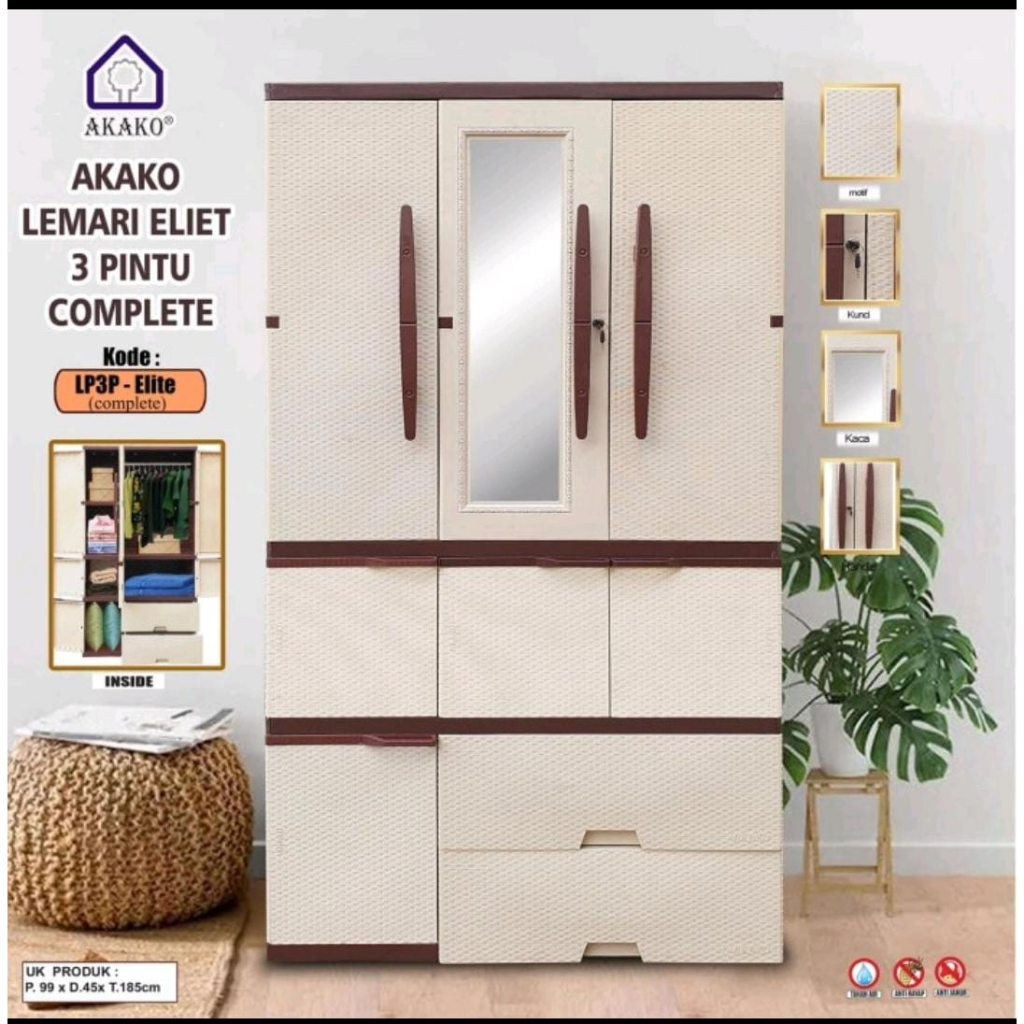 Lemari Plastik Akako 3 Pintu Besar Jumbo Gantungan dan Lipatan Cermin Kunci Elite 3 Pintu Premium El