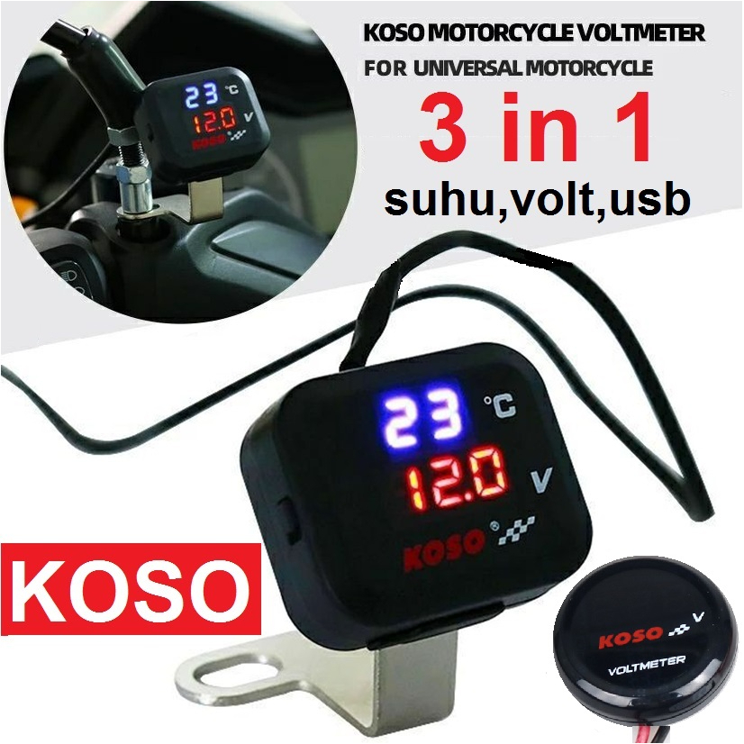 Voltmeter Koso 3 In 1 USB Charger Universal SEMUA MOTOR Anti Air Original Termometer Digital Jam Suhu Tegangan Aki Vario Pcx Ninja Cbr Vixion Scoopy Cb Gl Rx King R25