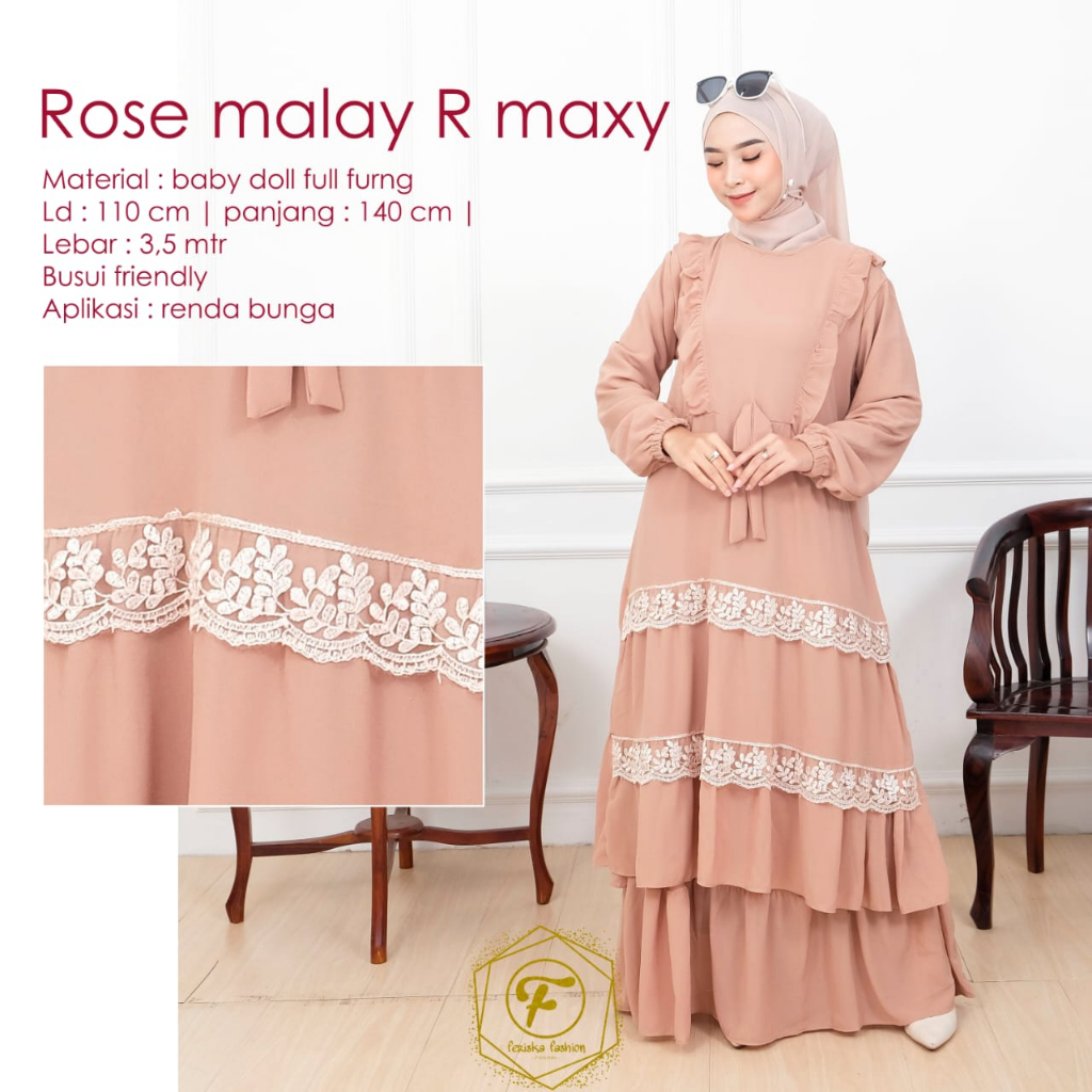 Gamis dress ROSE MALAY renda bunga umpak busui kekinian kondangan pesta ootd