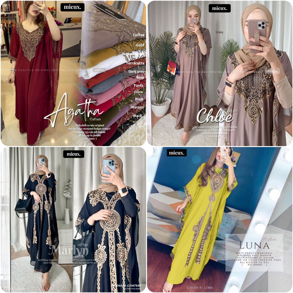 Gamis Wanita Agatha Kaftan / Chloe Kaftan / Marlyn / Luna Caftan Mat Babydoll Original Mieux