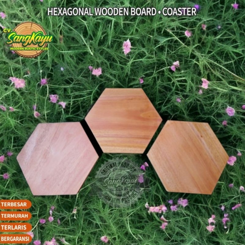 Hexagonal wood coasters tatakan gelas kayu alami segi enam unik antik