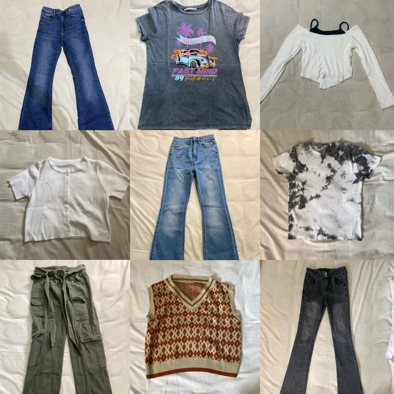 preloved y2k top, flare jeans, cargo pants, much more