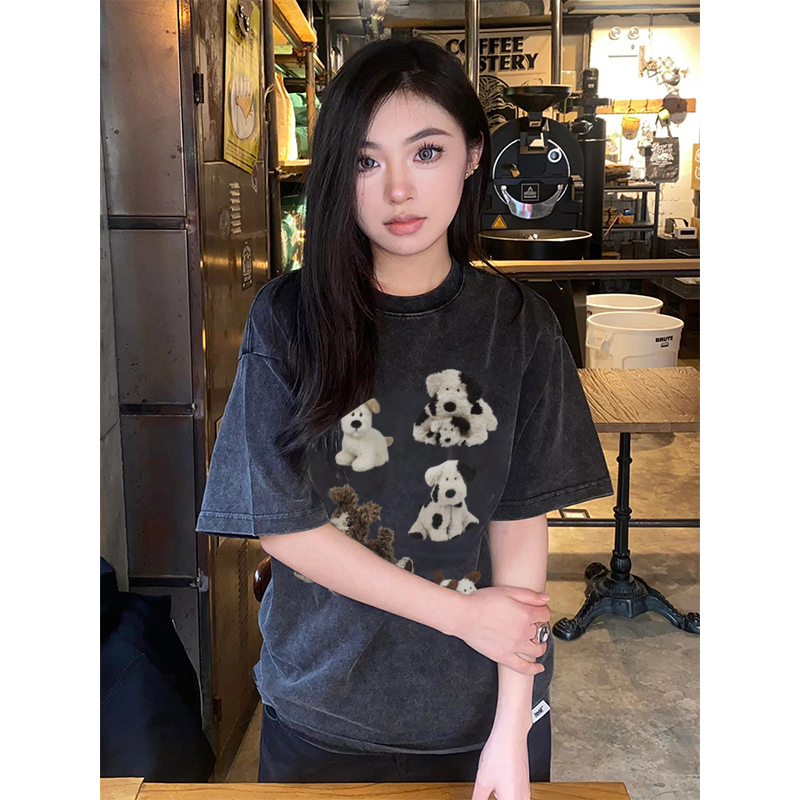 EUNII T-shirt Lengan Pendek Black Washed Cartoon Cow Dog Printing Korean Style/Kaos Atasan Wanita/Baju Wanita/Kaos Wanita