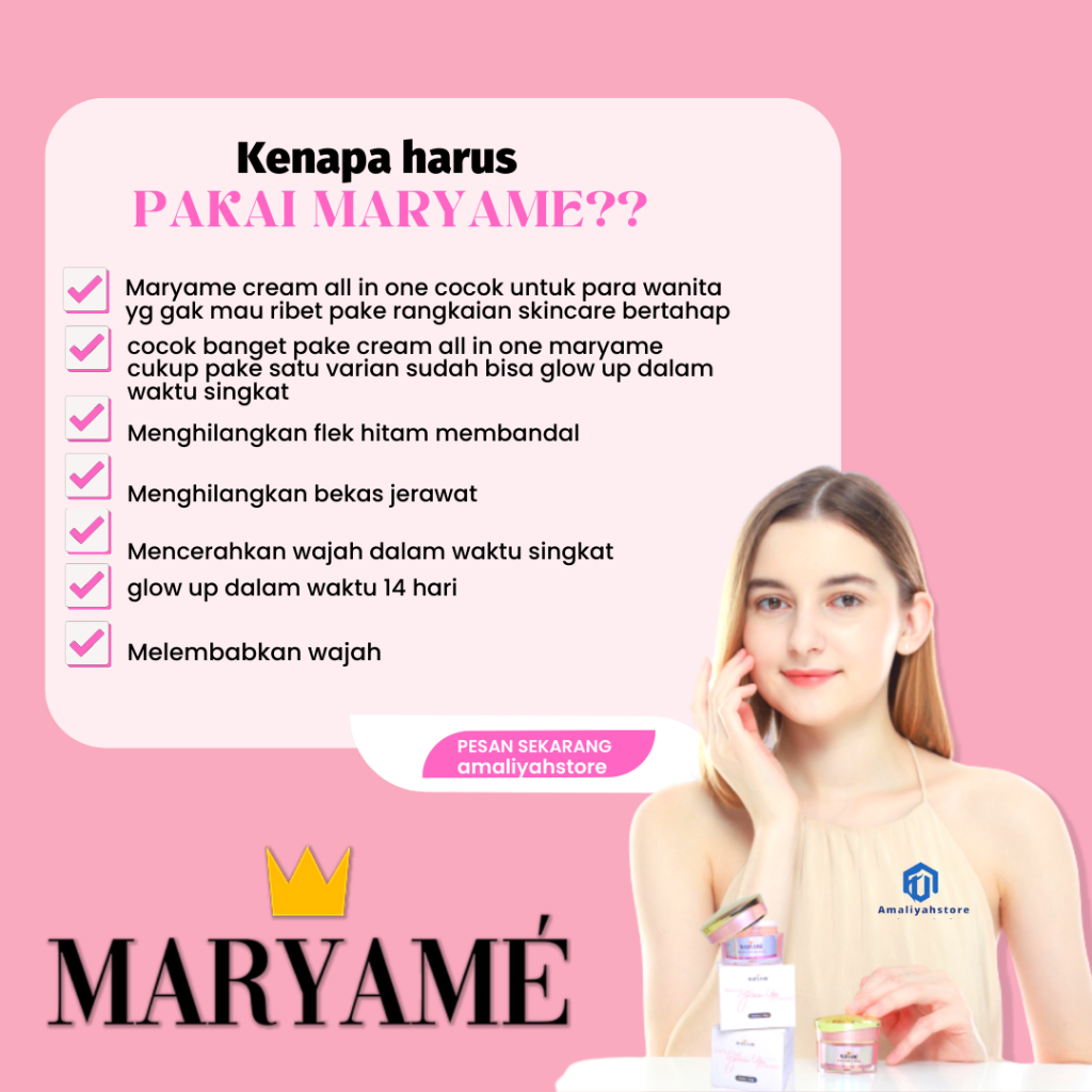 Maryame Beauty Glow Up Cream Skincare Pemutih Wajah Dan Penghilang Bekas Jerawat Anti Flek Hitam Cepat Glowing Permanen 100% Ori