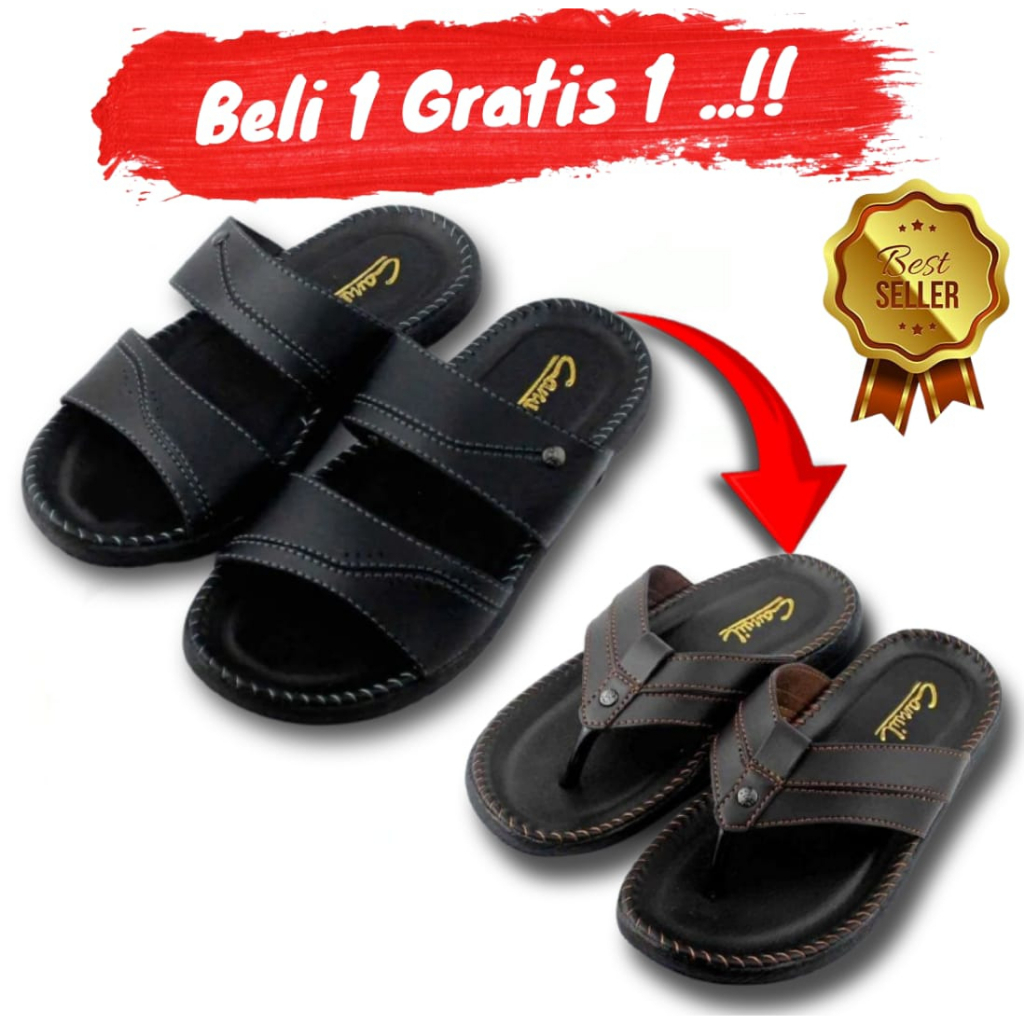 Sandal Slop Pria Sendal Slide Kulit Cowok Cewek Best Quality BELI 1 GRATIS 1