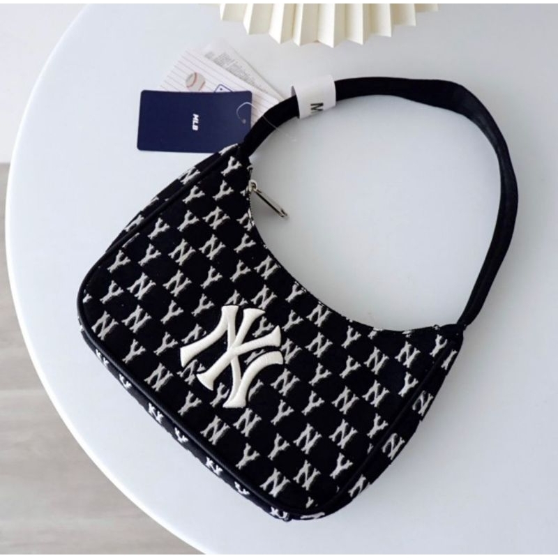 MLB NY Yankees Monogram New Hobo Bag Black In White - ORIGINAL 100%