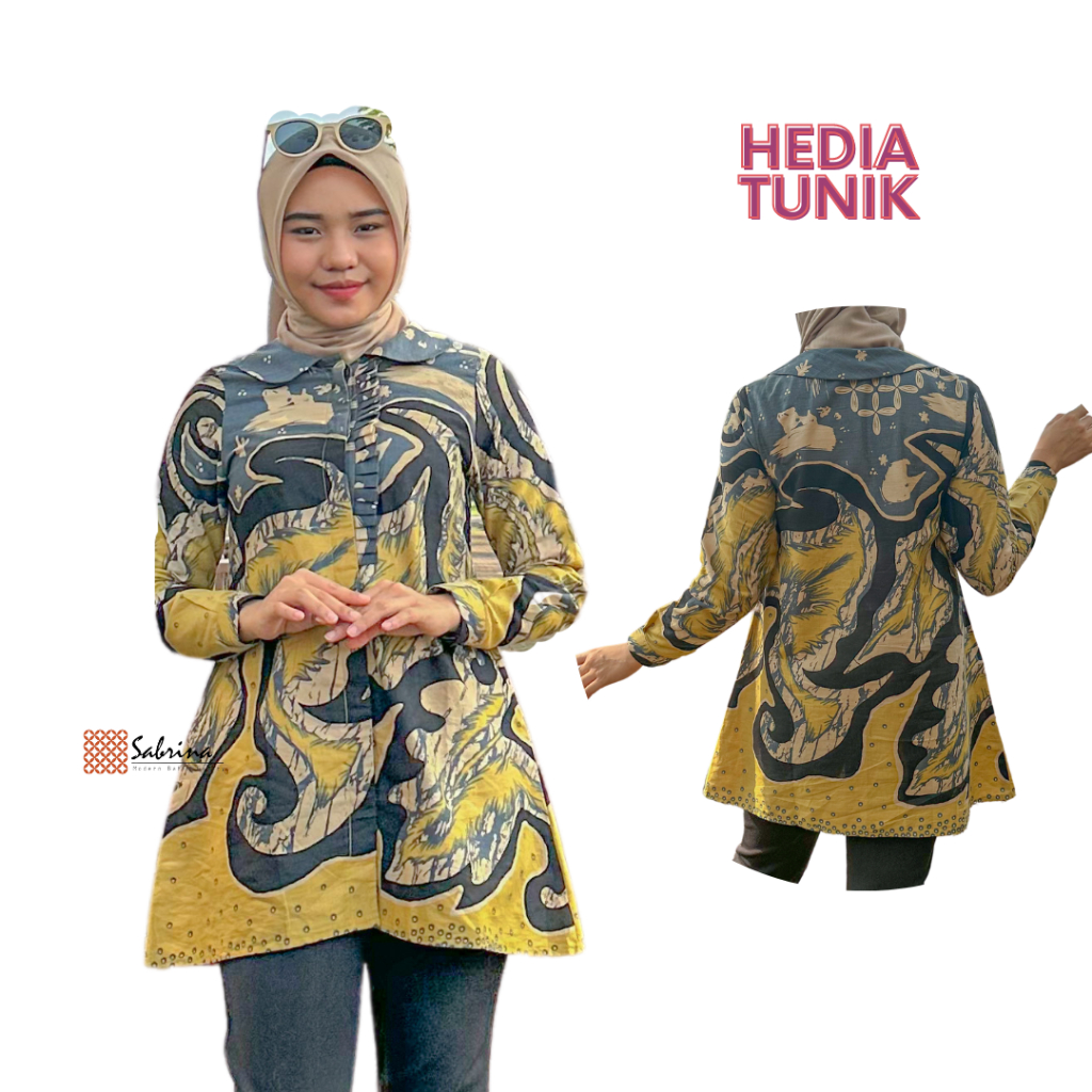 HEDIA Tunik Blouse Atasan Batik Kerja Kantor Wanita Modern Kekinian Print Katun Abstrak