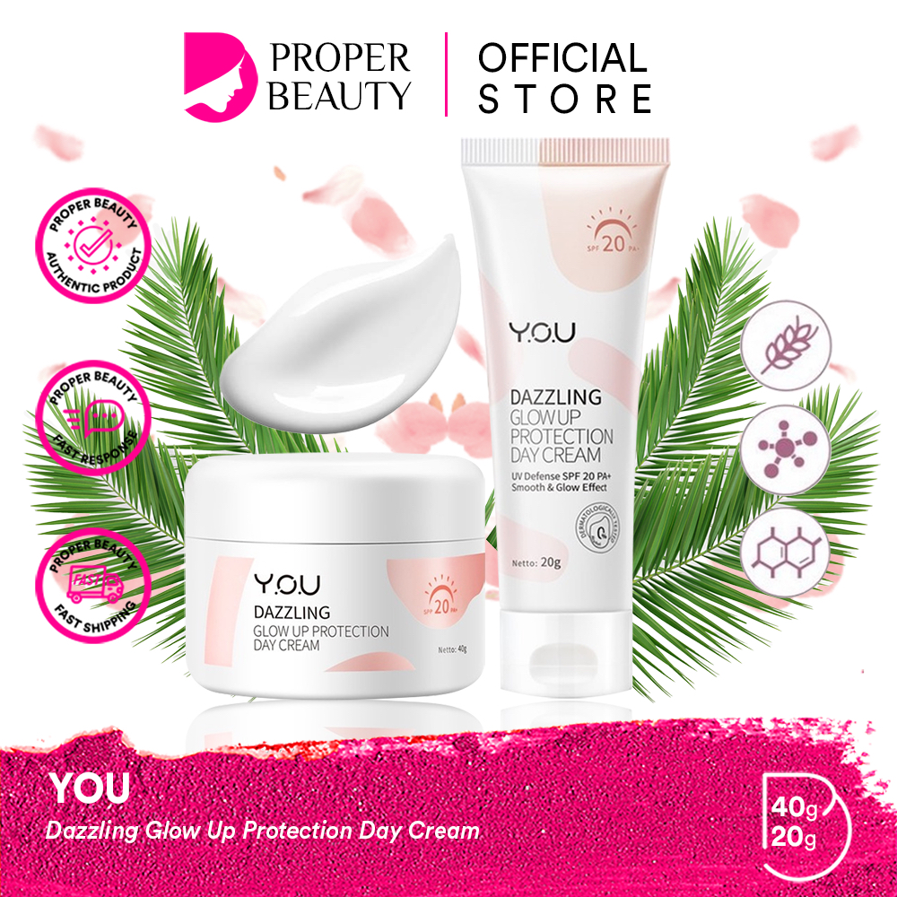 YOU Dazzling Glow Up Protection Day Cream Indonesia / Pelembab Wajah 20g 40g / SPF 20 PA+ / Smooth &amp; Glow Effect / Hydra Glowy All Day Moisture UV / Krim Mencerahkan Sunblock / Skincare Face Care / Y.O.U Series Bundle Facial Foam Toner Night Tone Up Body