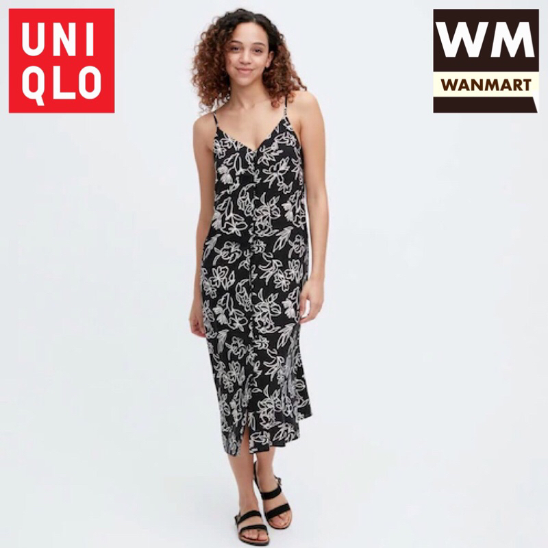 UNIQLO Women Button Down Dress Gaun Kamisol Wanita Flare Kancing Black