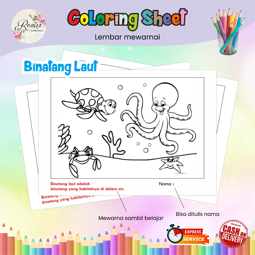 

Kertas Mewarnai tema BINATANG LAUT Anak TK SD / Kertas Gambar / Kertas Warna