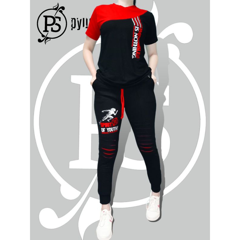 PYUR SPORT BAJU SENAM ZUMBA AEROBIC-Setelan Celana Joger Sobek  Kaos pendek