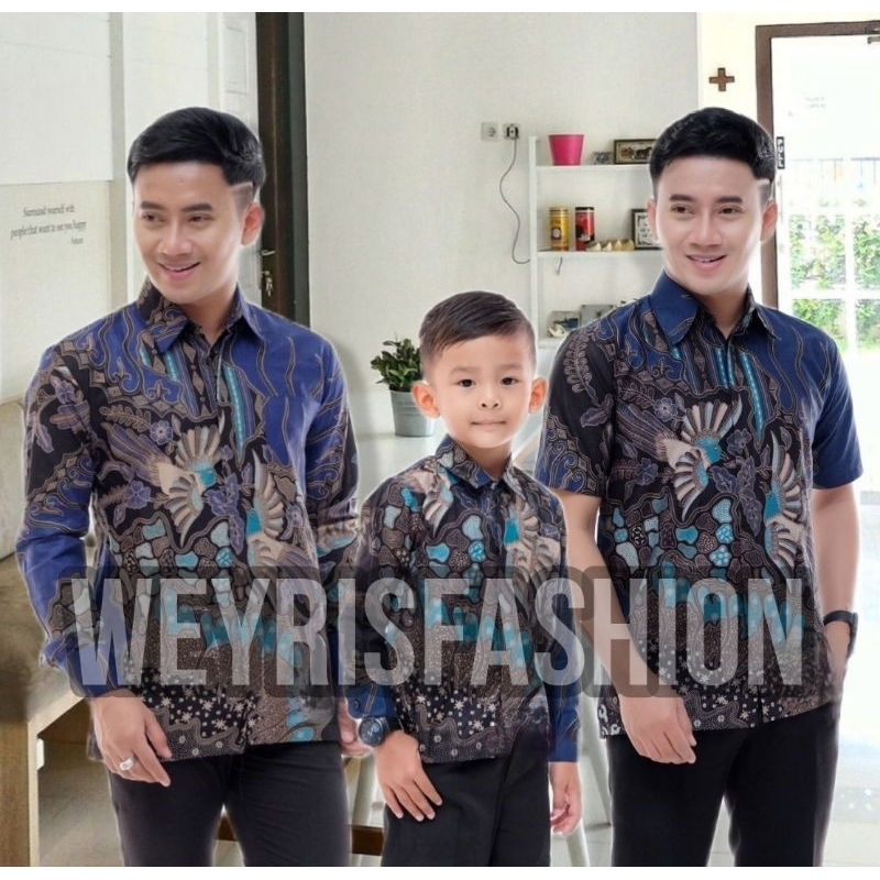 TERBARU Couple Sweet | Kids Batik Couple Baju Kemeja Hem Couple Ayah dan Anak Laki-laki Batik Pria Kenari Navy