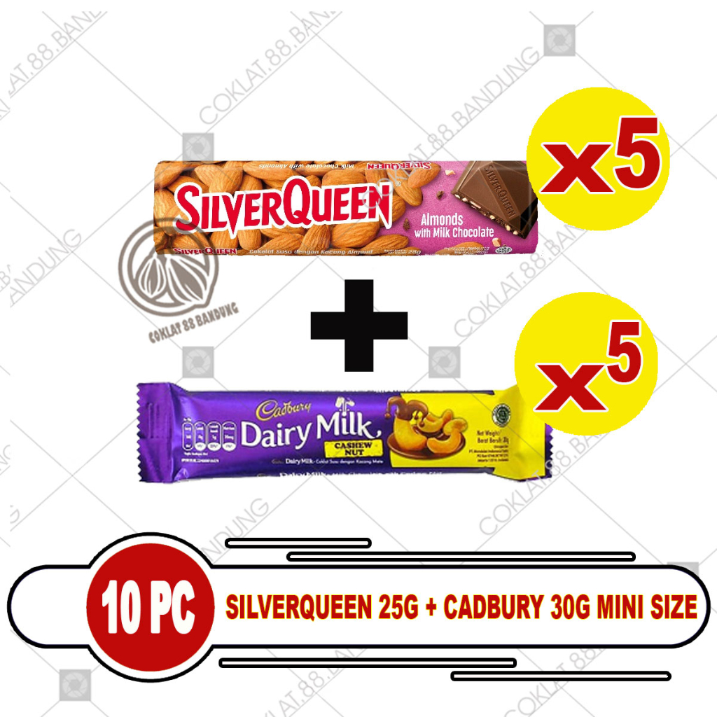 

SILVERQUEEN 25 GRAM 10 PCS X CADBURY 30GR, PAKET SILVER QUEEN 25 GRAM ALMOND X CADBURY DAIRY MILK 30 GR ISI 10 PC COKELAT