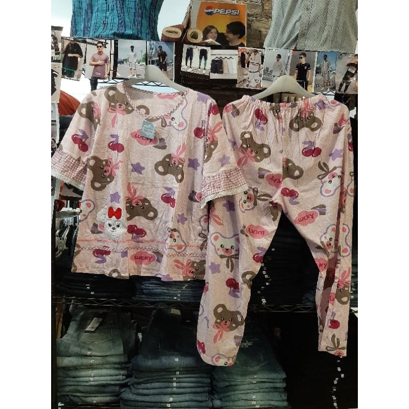 baju tidur kaus all size moshi yumico tangan pendek celana panjang