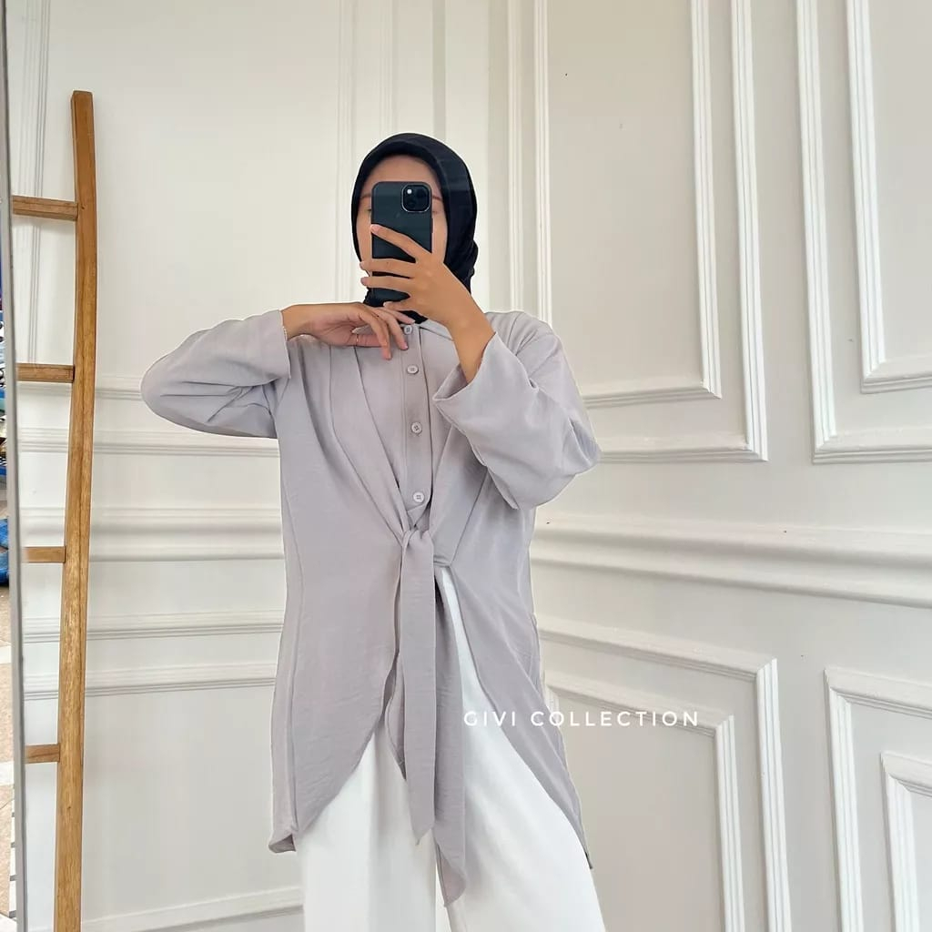 Raira Tunik Crinkle Airflow Kancing Aktif Model Tali Bawah / Atasan Tunik Wanita Terbaru Korean Style