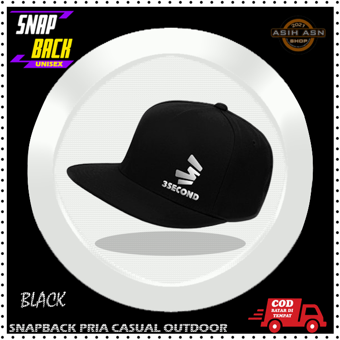 TOPI SNAPBACK HAT UNISEX 3SECOND HITAM TEXT SILVER PREMIUM | FAHION COWOK | NEW STYLE | HIP HOP | TO