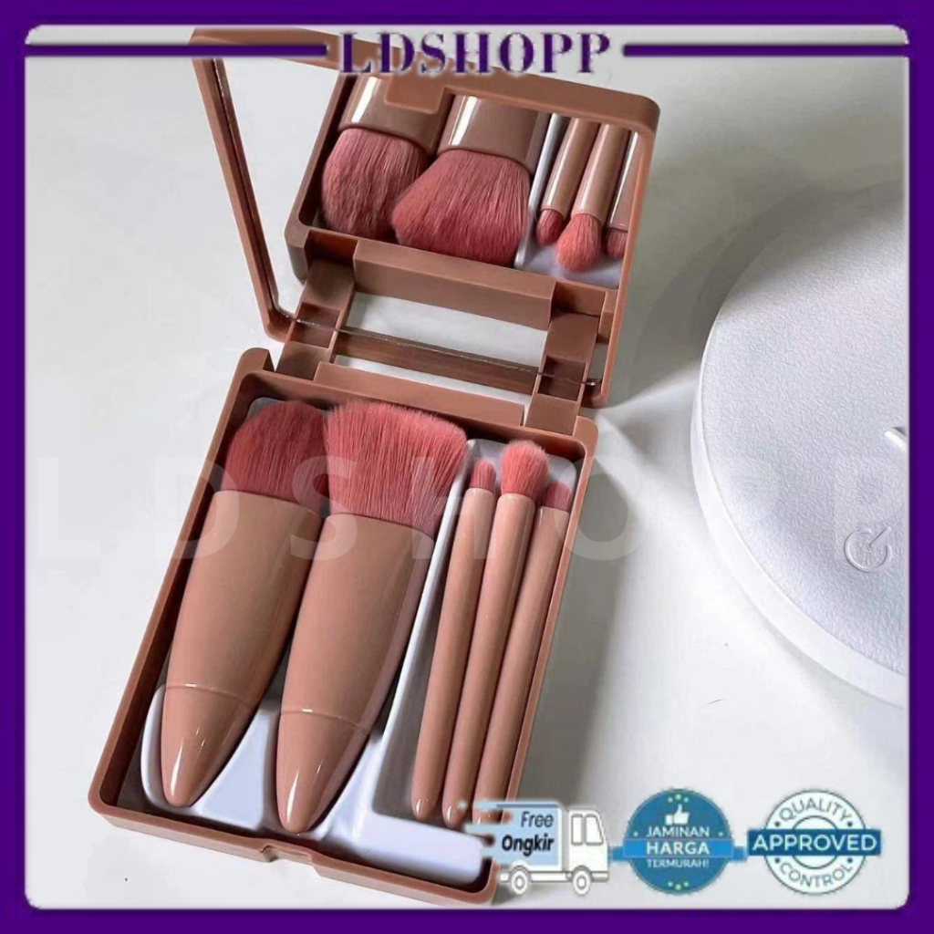 LDS Makeup Brush Set 5in1 Set Mini Portable dengan Cermin Kotak Penyimpanan Kuas travel Cermin Portable Brush untuk eyeshadow blushon cotouring