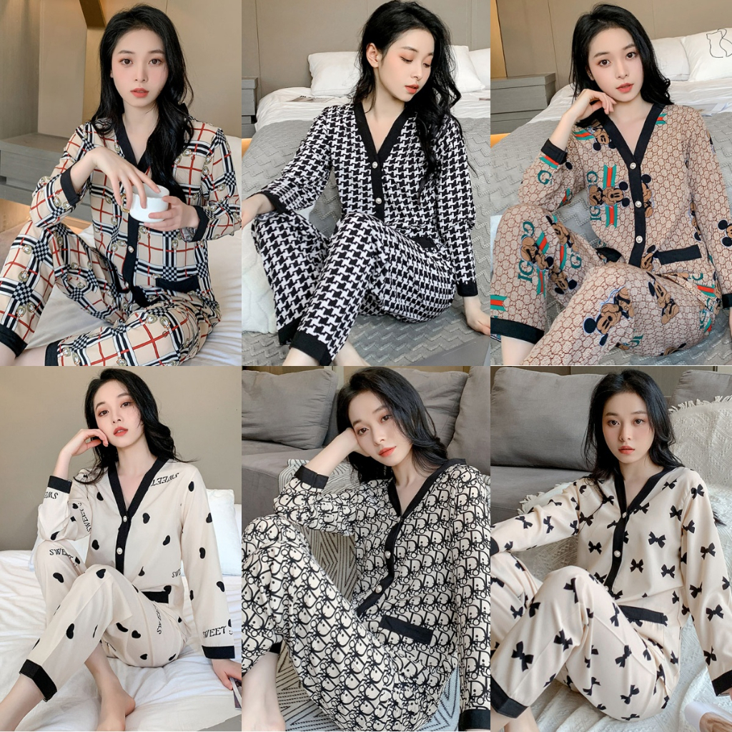 Piyama Wanita Dewasa Model Kancing Depan Mewah Lengan Panjang Celana Panjang Import High Quality Sleepwear