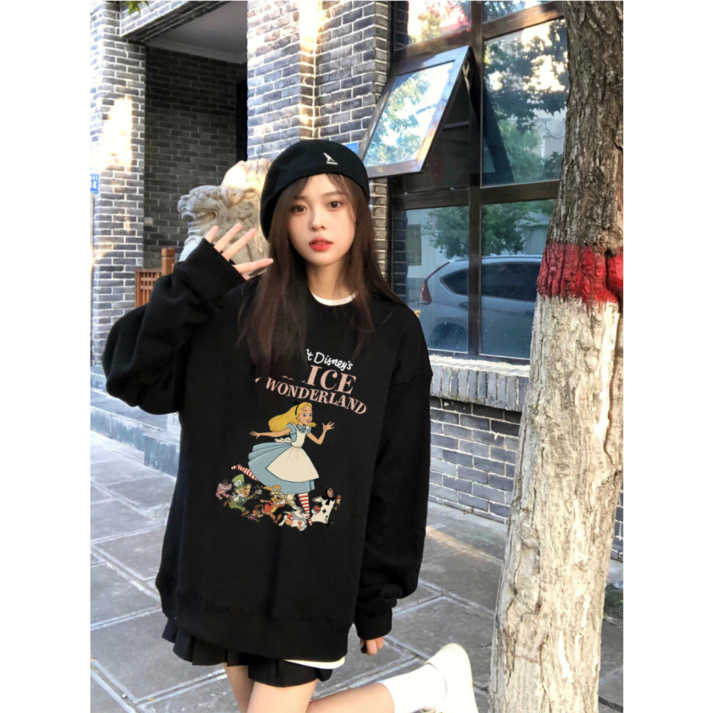 XiaoZhaiNv Korean Style Alice In Wonderland Pattern Lengan Panjang Baju Sweater Wanita A0912