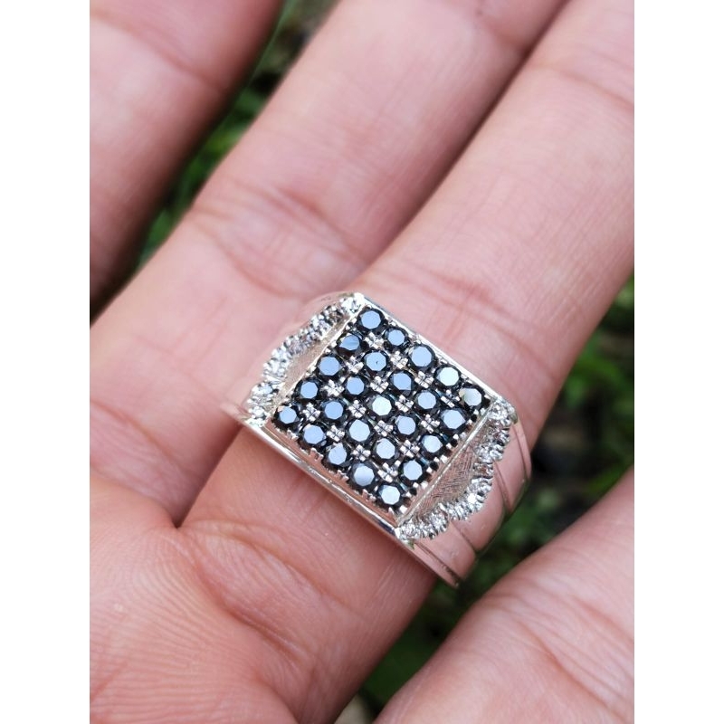 Cincin perak handmade stempel dengan berlian hitam / black diamond asli