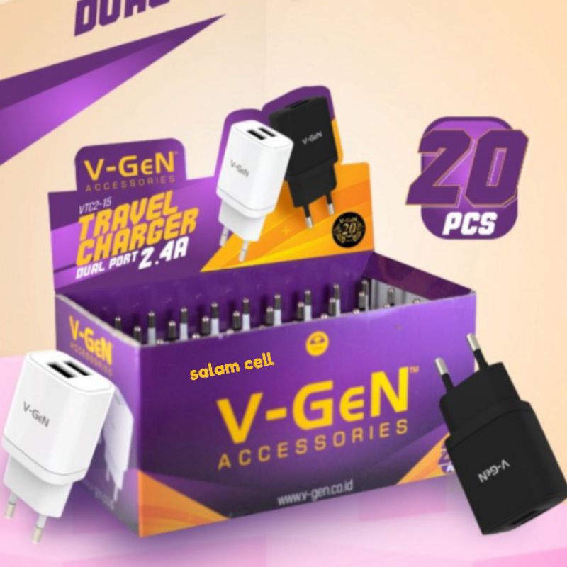 Charger V-Gen VCT2-15 Dual Port 2,4A 1Pack Isi 20pcs Original VGEN Garansi Resmi