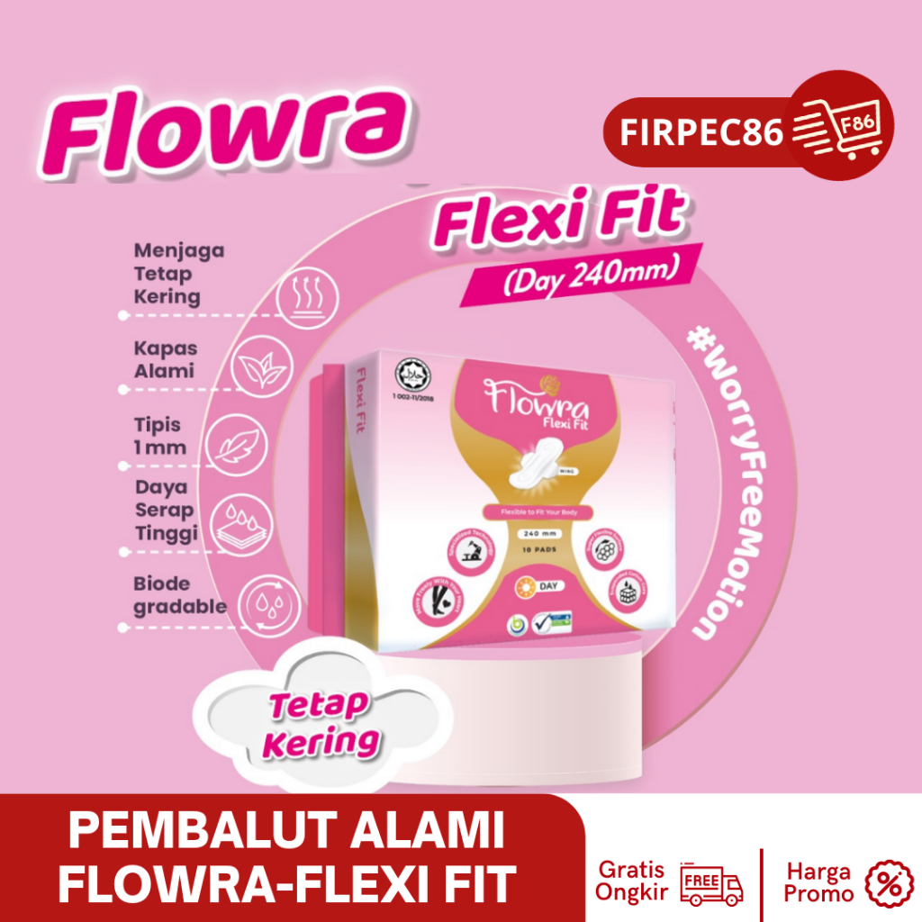 Pembalut Flowra Flexi Fit 240mm Day, Pembalut Halal, Tipis, Xtra Kering, Aman &amp; Nyaman