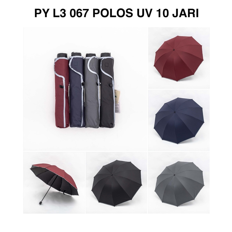 Payung lipat 3 warna Polos rangka kuat 10 jari anti UV GRC A067 jumbo 067