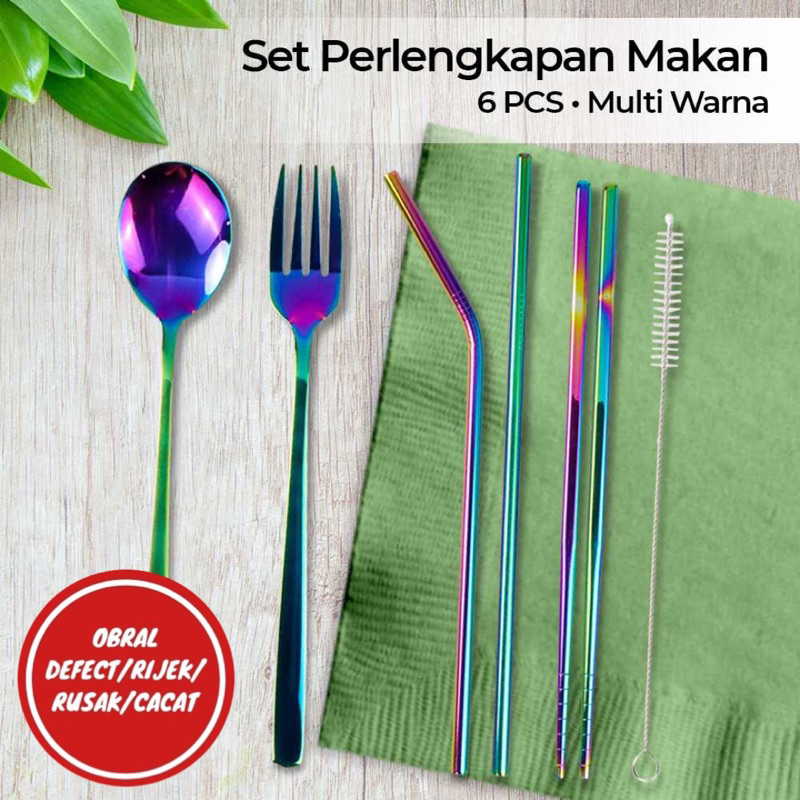 [OBRAL RIJEK] Cutlery Set Alat Makan Sendok Garpu Sedotan dengan Pouch 6 PCS - T10